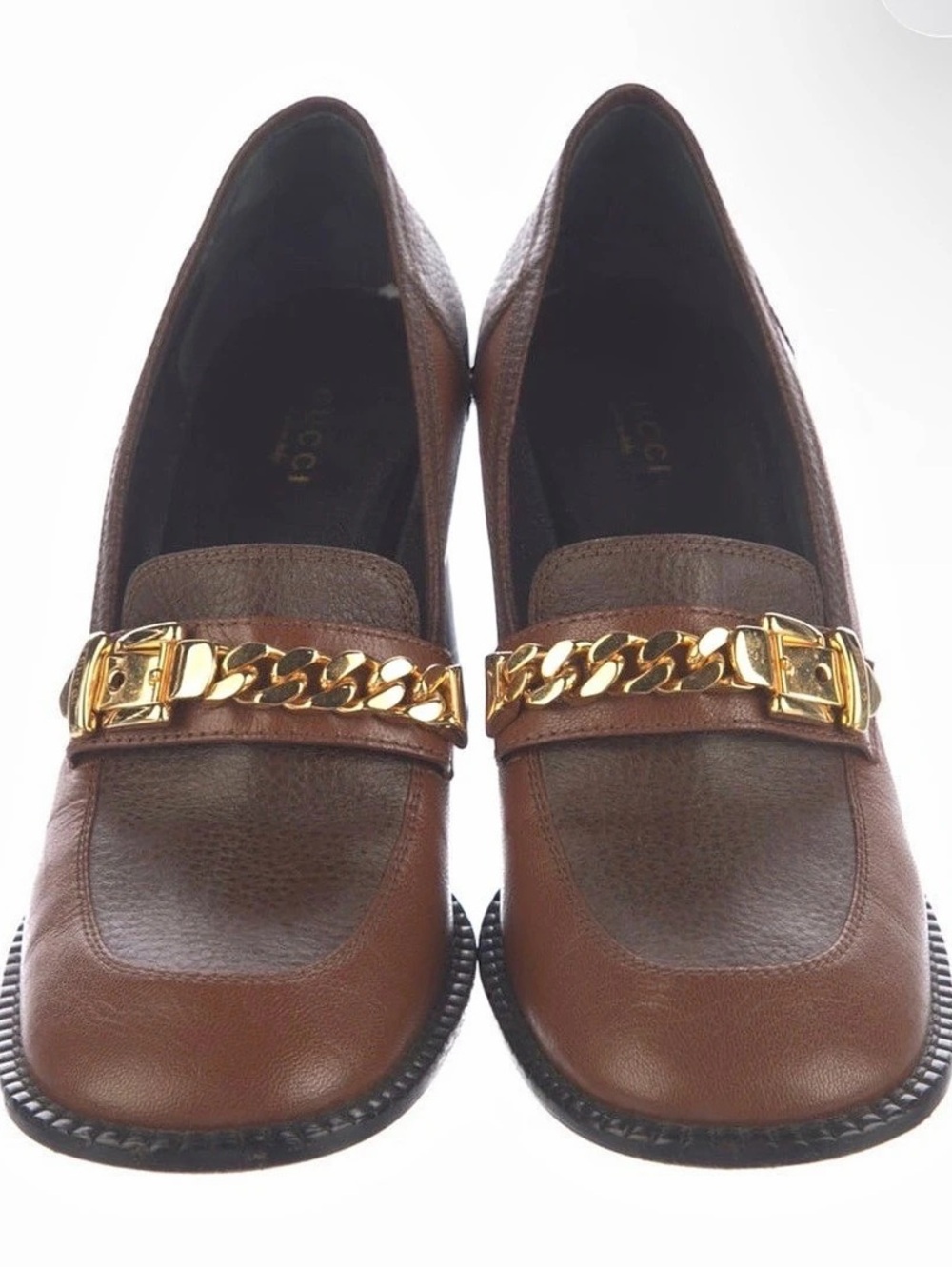 Gucci Brown & Black Leather Chain Link Accents Block Heel Pumps